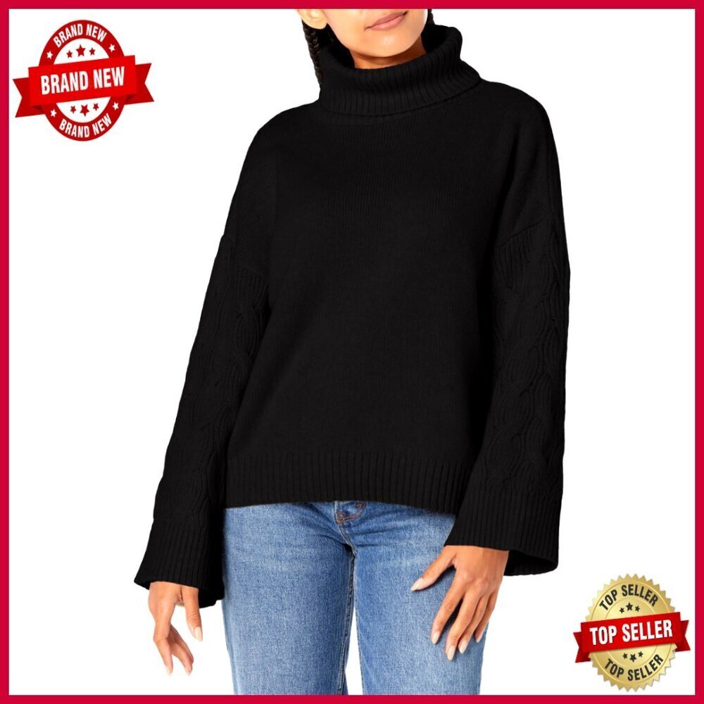 Wool Blend Cable Knit Loose Fit Turtleneck Sweater Pullover